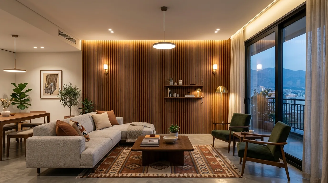دیوارپوش چوبی اجراشده در فضای نشیمن